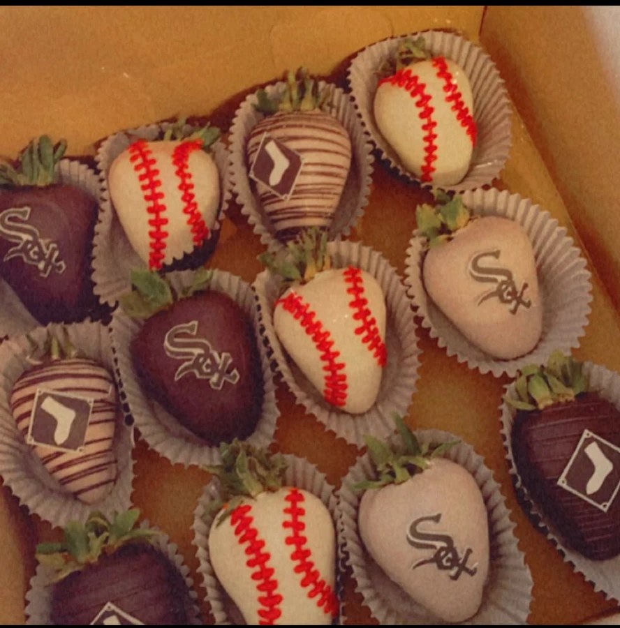 Baseball-themed chocolate-covered strawberries