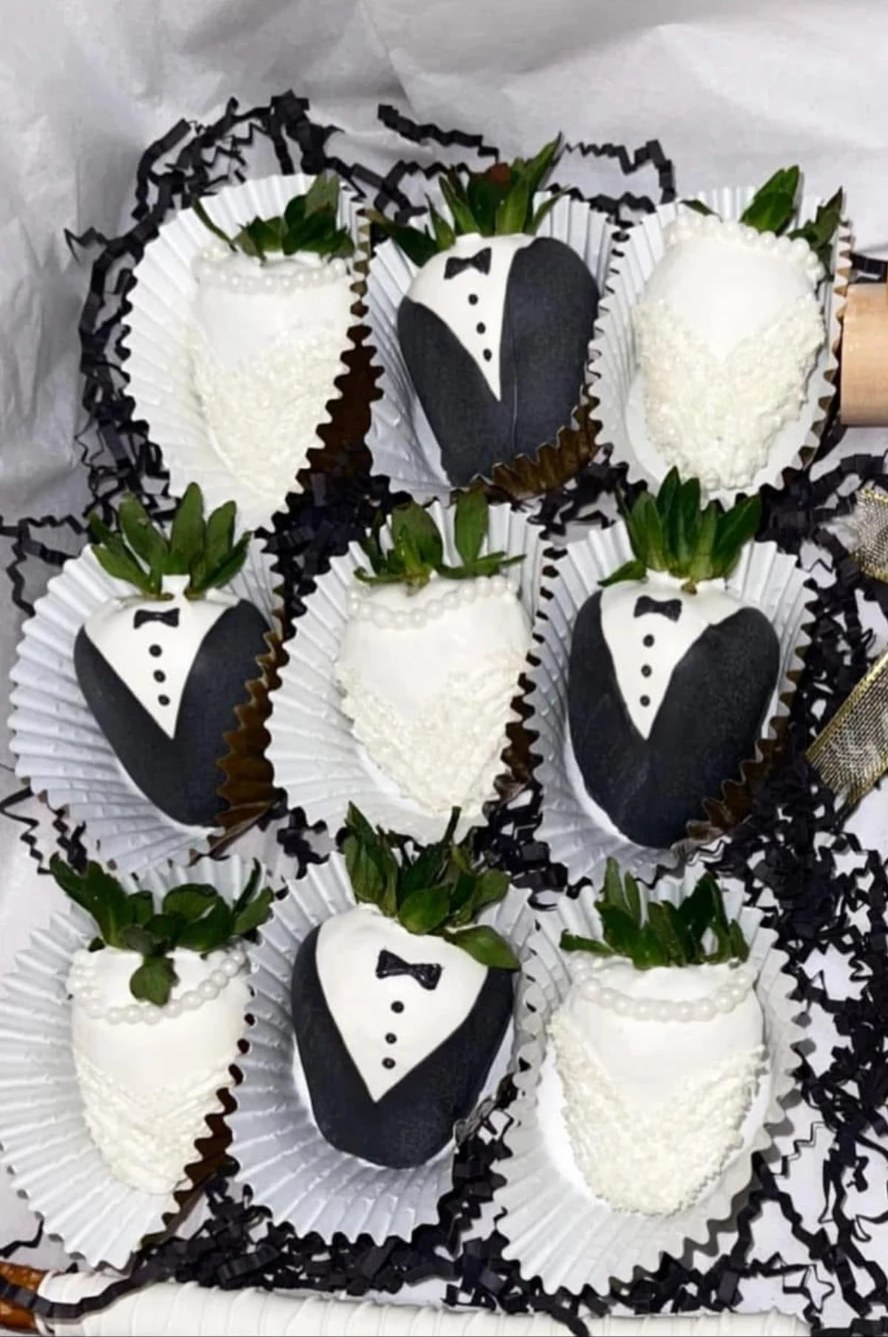 Bride and groom chocolate-covered strawberries